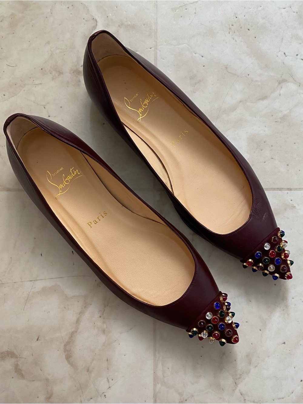 Christian Louboutin Cabo Burgundy Leather Studded Pointed Toe Ballet Flats 6.5 - Picture 2 of 10